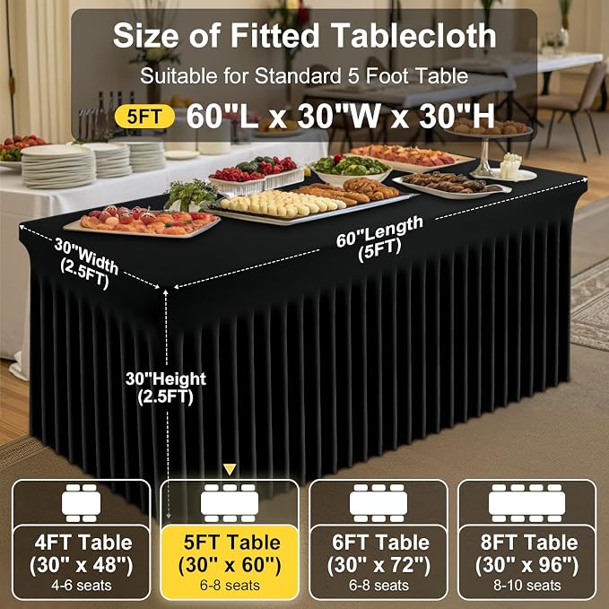 Smiry Spandex Tablecloth, Elastic Fitted Stretch Tablecloth for 5FT Rectangle Tables, Waterproof Washable Table Cover Skirt for Outdoor, Wedding, Banquet & Parties (Black, 60Lx30Wx30H Inch)