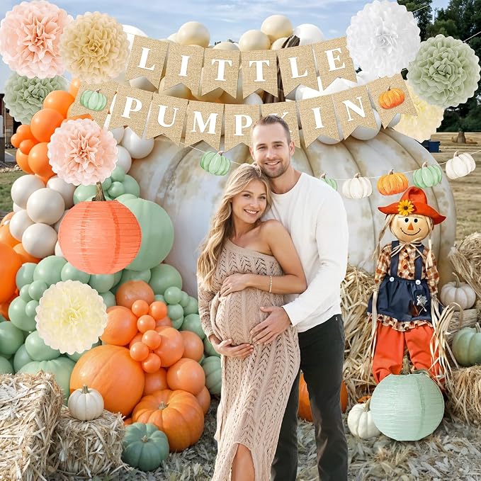 Kriyokiaa Little Pumpkin Baby Shower Decorations 15 Pcs Fall Baby Shower Decorations with Little Pumpkin Banner, Paper Pom Poms, Paper Lantern Perfect for He or She Reveal Party