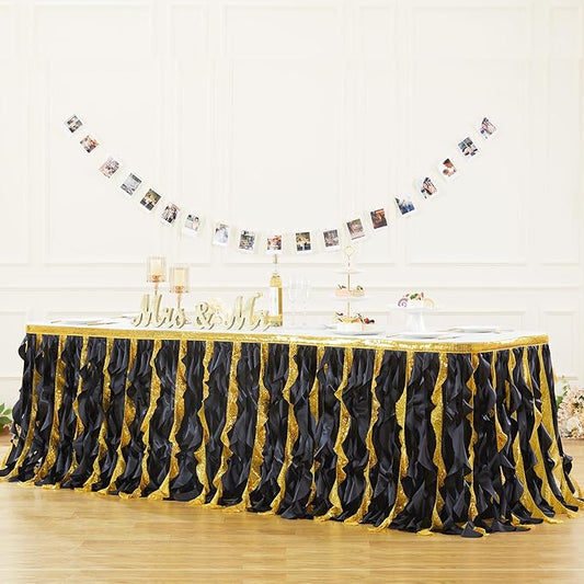 Wish Care 21ft Black Gold Sequin Tutu Table Skirt for Rectangle Tables Glitter Curly Willow Table Skirting Ruffle Table Cloth Desk Skirts for 50th Birthday Graduation Prom Theme Party Decorations