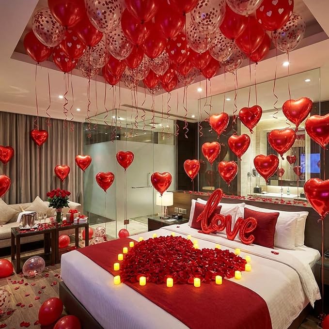 Valentine’s Day Decorations Set – Red Heart Balloon Kit with LOVE Foil, LED Candle Lights & Rose Petals, Romantic Room Decor for Proposal, Bedroom or Hotel