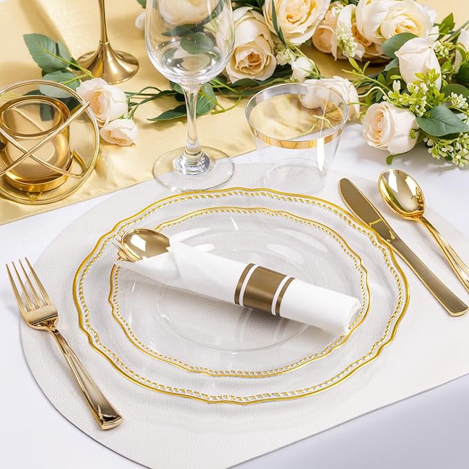 Hioasis 350pcs Clear Gold Plastic Plates - Gold Plastic Dinnerware Set Includes 50 Dinner Plates, 50 Dessert Dinnerware, 50 Cups, 50 Rolled Napkin Cutlery Perfect for Wedding & Party