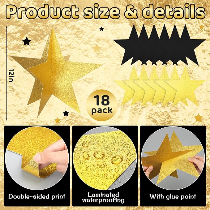 Sinload 18 Pcs Large 3D Glitter Star Decorations Back to School Work Black Gold Star Centerpiece Standing Hanging Decor for School Centerpiece Starry Movie Night Themed Party Decor