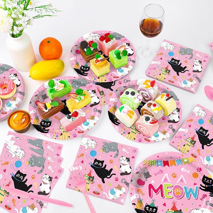 168PCS Cat Party Supplies Carts Themed Birthday Party Decorations Cute Meow Paper Plates Cups Napkins Forks Knives Spoons Tableware for BBQ Picnic Serves 24 Guests