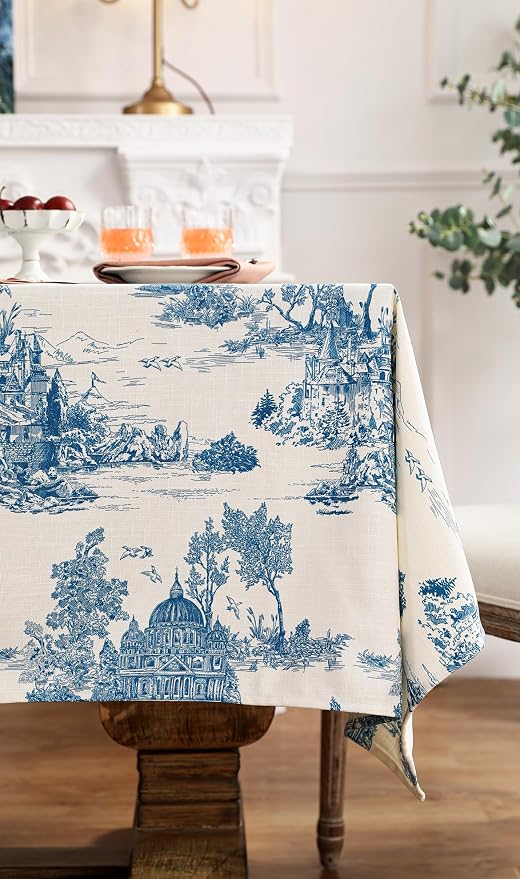 patdrea Elegant French Linen Tablecloth,Rectangular,110"x63"-Lucerne A | Vintage Elegant Table Cloth for Rectangle Table,Blue and White Chinoiserie Print,for Dining Room Tea Party Thanksgiving