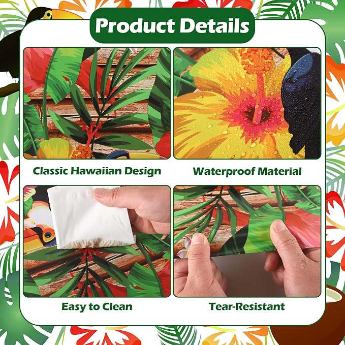 Kochorie 100 Ft X 54 Inch Hawaiian Luau Party Tablecloth Roll with Cutter Box, Disposable Plastic Hawaii Tiki Totem Table Cover, Aloha Tropical Floral Table Decorations for Summer Beach Pool Birthday