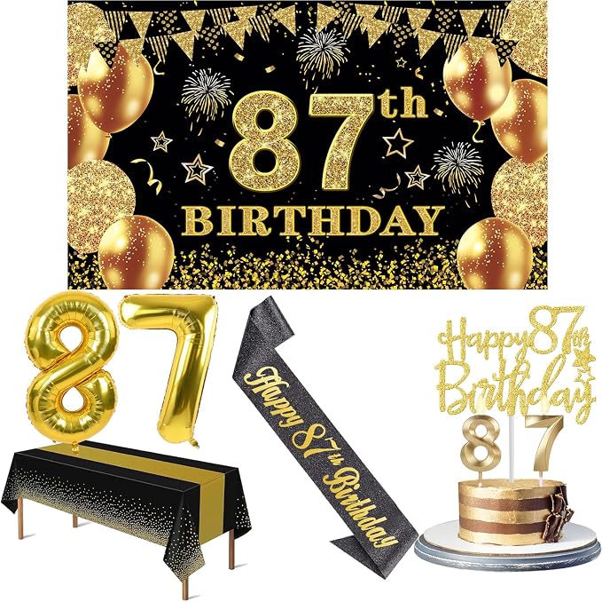 87th Birthday Decorations Men Women with 87th Birthday Banner, Black and Gold Table Cloth, Number Balloons, Sash, Cake Topper and Candles