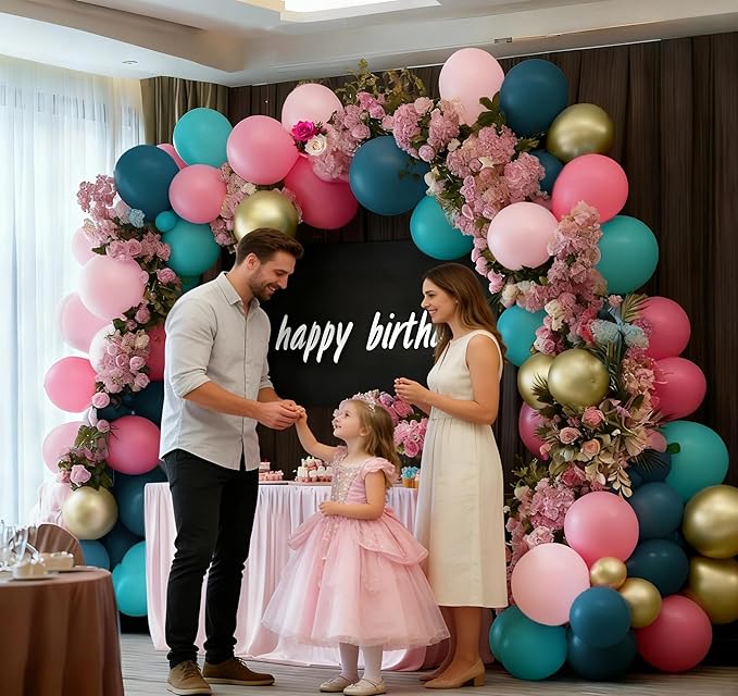 Teal Blue Pink Balloon Garland, Double Stuffed Hot Light Pink Dusty Blue Gold Balloon Arch Kit for Birthday Baby Shower Gender Reveal Wedding Tropical Party Decoration