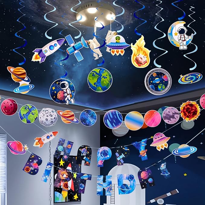 SUNBEAUTY Solar System Birthday Party Decorations Outer Space Happy Birthday Banner Planet Rocket Astronaut Hanging Swirls for Kids Boy Baby Shower First Trip Around The Sun School Supplies