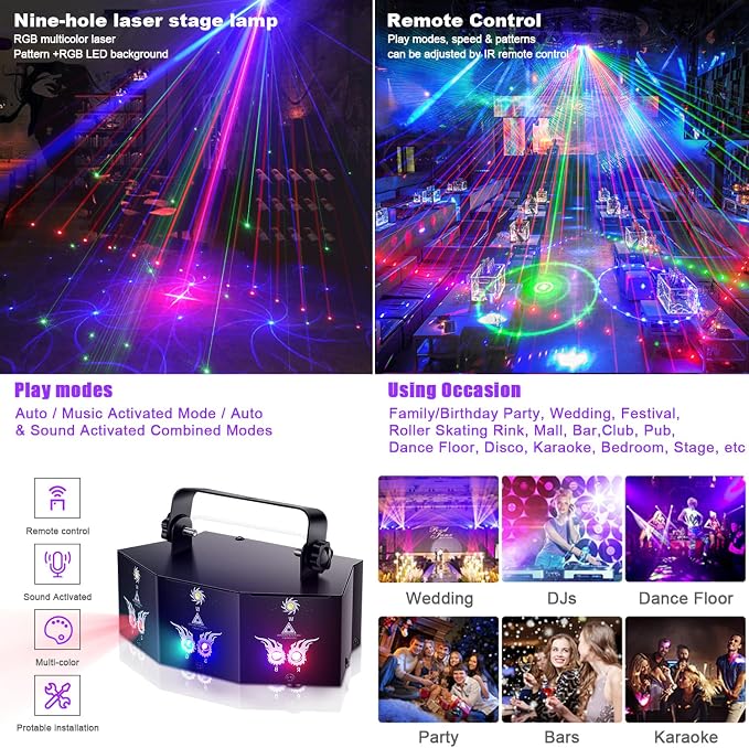 U`King Party Lights DJ Disco Light,9 Lens Stage Lighting Support DMX512 and Sound Activated with Remote Control Laser Lights for Parties Birthday Wedding Karaoke Bar KTV Club Stage Live Show(4 PCS)