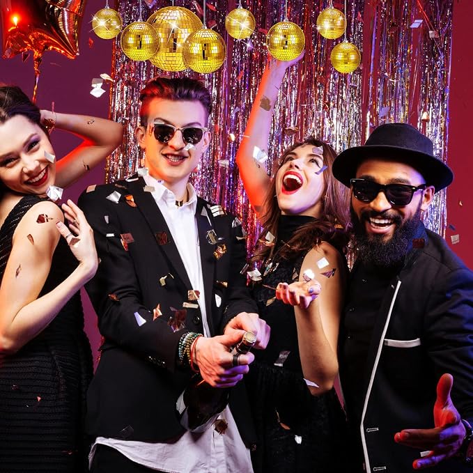 WILLBOND 12 Pack Disco Ball Party Decorations Hanging Mirror Balls Fun Retro Dj Lighting Effect Stage Props Game Accessories, 5.91", 3.94", 3.15", 2.36"(Gold)