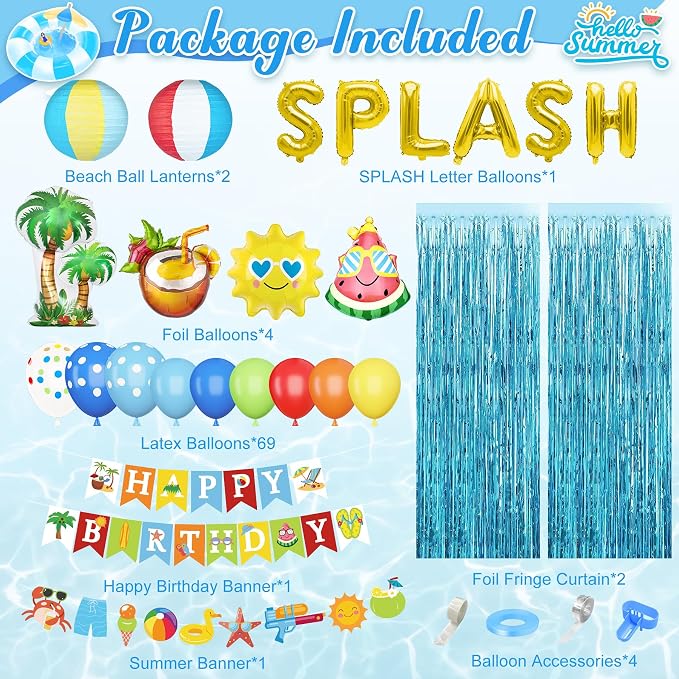 Summer Pool Beach Party Decorations, Splash Birthday Bash Party Supplies Tropical Summer Banner Beach Ball Lantern Fringe Curtain Foil Balloons Arch for Swimming Water Luau Hawaiian Party Decor(Blue)