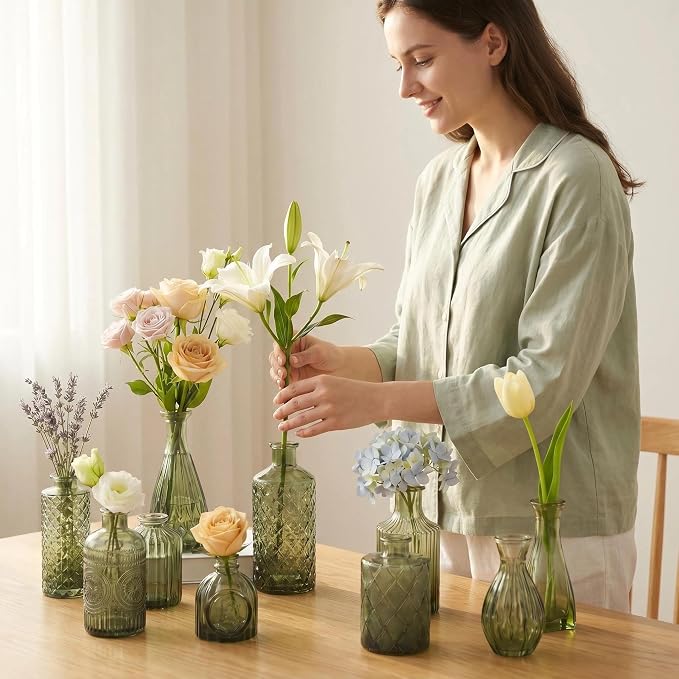 Mini Bud Vases Centerpieces for Tables,Clear Bud Vases for Flowers,Small Flower Vases Suitable for Birthday Party,Anniversary,Wedding Reception,Baby Shower (GradGreen, 12PCS)