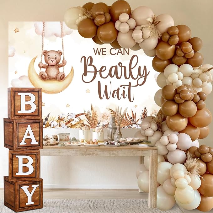 DataMoon Teddy Bear Baby Shower Party Decorations - Wood Grain Boxes with Baby Letters, 90PCS Nude and Brown Balloons, Boho Backdrop “We Can Bearly Wait” for BabyShower, Gender Reveal,Birthday Party