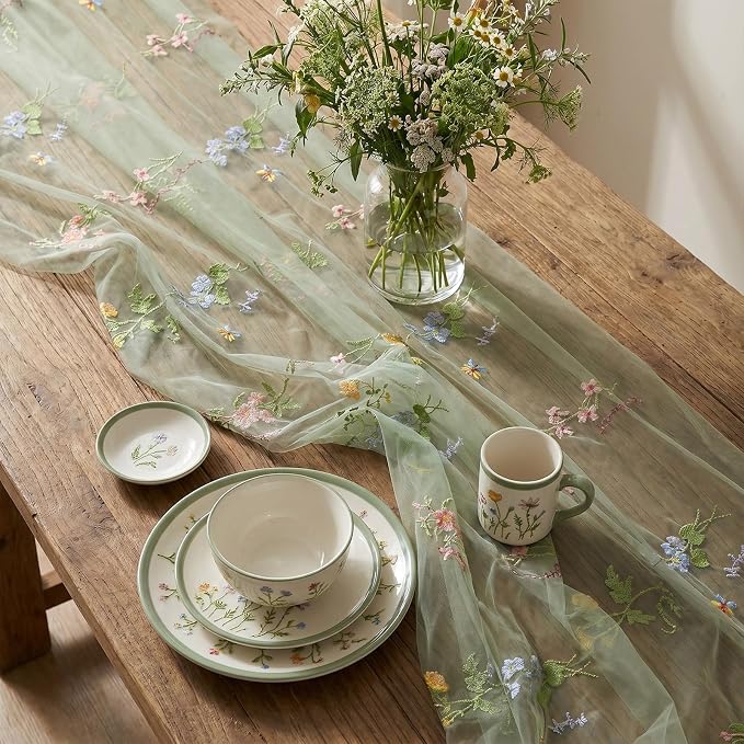 Mindsoft 3 Pack Embroidered Wildflower Tulle Table Runner 14 x 120 Inch Sage Green Floral Table Runner for Market Bridal Shower Wildflower Baby Shower Spring Summer Birthday Party Decor