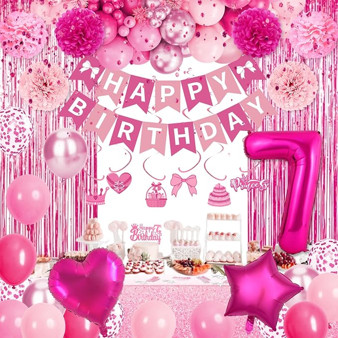7th Birthday Decorations for Girls, Pink Party Decorations with Number 7 Balloon Happy Birthday Banner Bday Sash Crown Tablecloth Fringe Curtain Hanging Swirl for 7 Balloons for Bday Girl