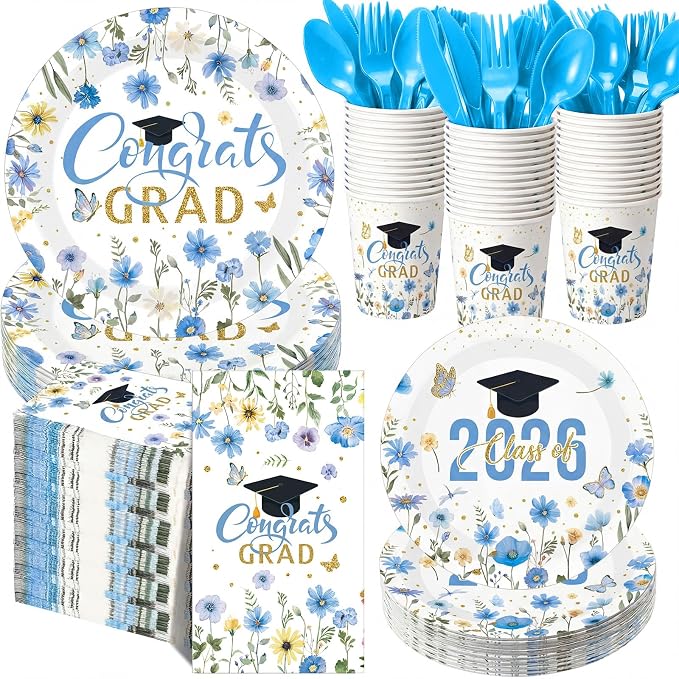 400 Pcs Class of 2026 Light Blue Graduation Decoration Floral for 50 Guests, Flower Blue Gold Graduation Paper Plates Napkins Cups Cutlery Grad Tableware for 2026 Congrats Grad Party Supply