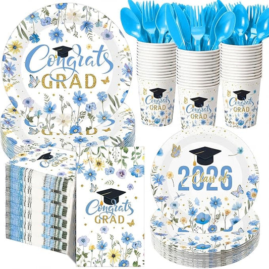 400 Pcs Class of 2026 Light Blue Graduation Decoration Floral for 50 Guests, Flower Blue Gold Graduation Paper Plates Napkins Cups Cutlery Grad Tableware for 2026 Congrats Grad Party Supply