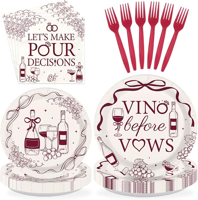 96 Pcs Vino Before Vows Bachelorette Party Decorations Vino Before Vows Plates and Napkins Let's Make Pour Decisions Tableware Set for Bridal Shower Bachelorette Party Supplies, Serves 24