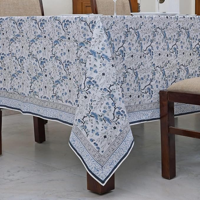 Ridhi Spruce Carolina Blue Hand Block Print Cotton Rectangle Tablecloth 102" x 48" inches Reusable Table Cover Decorative Everyday Use for Dining Room, Farmhouse, Home Gift for Spring, Mother's Day