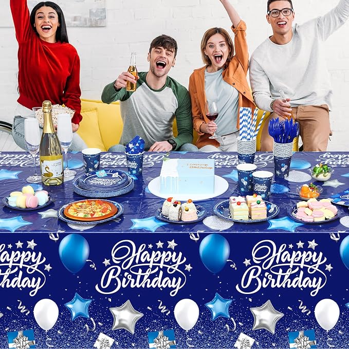 Norme 176 Pcs Navy Blue and Silver Birthday Tableware Set Birthday Decoration Includes Tablecloth Paper Plates Napkins Paper Cups Forks Knifes and Straws for 25 Guests Party Supplies (Classic)