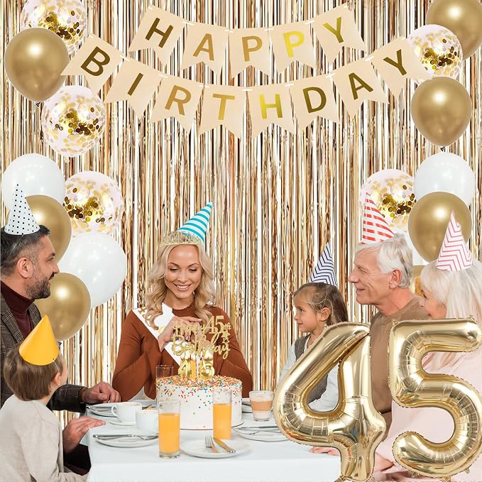 Trgowaul 45th Birthday Decorations for Women, Banner, Sash and Crown, Cake Topper, 45 Number Balloon, Fringe Curtains, Champagne Gold 45th Birthday Party Supplies