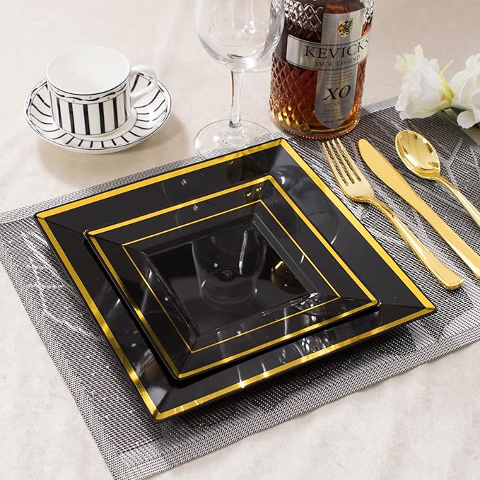 WDF 125Pieces Black Square Plastic Plates with Gold Rim Gold Disposable Silverware - include 25Pcs Dinner Plates,25Pcs Dessert Plates,25 Forks, 25 Knives, 25 Spoons for Graduation Wedding Party