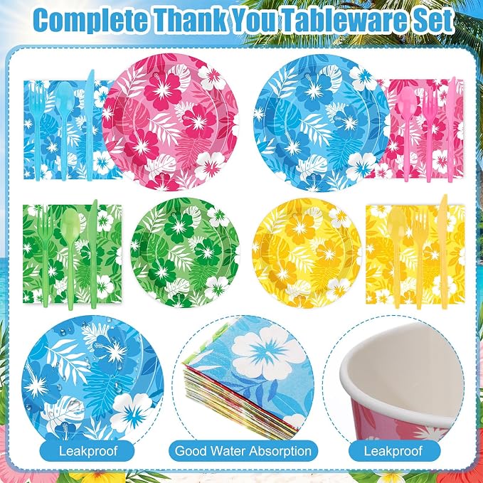 450 Pcs Hawaiian Luau Tableware Set Decorations Aloha Tropical Hibiscus Palm Leaves Paper Plates Napkins Cups Cutlery Straws for Hawaiian Party Summer Birthday Party Supplies, Serves 50