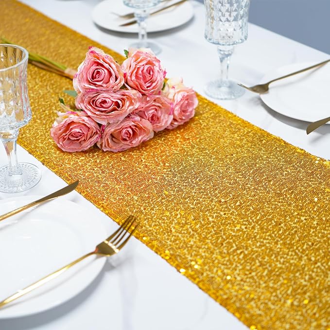 12x108 inch Gold Sequin Table Runner Sparkly Glitter Table Linens 6 Packs for Party Decorations Wedding Birthday Baby Shower Engagement Anniversary