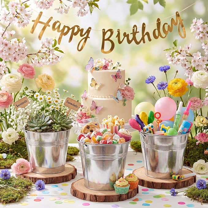meekoo 12 Pcs Farmhouse Rustic Table Centerpieces Decor Include 6 Small Metal Tin Galvanized Buckets 4.7'' Tall and 6 Wood Slices Round 7-7.8'' for Wedding Birthday Home Succulents DIY Table Decor