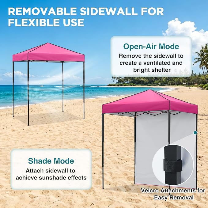 EAGLE PEAK 6x4 Instant Pop Up Canopy Tent with 1 Side Wall Panel, Straight Leg Sun Shelter, Portable Canopy with Carry Bag for Camping, Beach & Sports, Pink