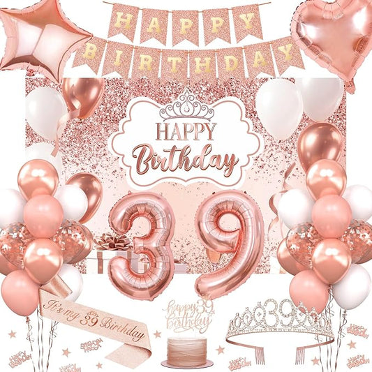 39th Birthday Decorations for Women, 52pcs Sweet Rose Gold Happy 39 Birthday Decorations Including 39th Rose Gold Crown, Sash, Banner, Background for 39 Party Decorations Set