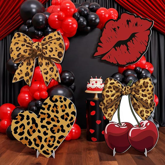 4 Pcs Large Cheetah Print Birthday Decoration, Cheetah Cherry Cardboard Cutout, Red and Black Cherry Themed Birthday Party Decoration Backdrop Yard Signs for Party Supplies Lawn Garden Decor