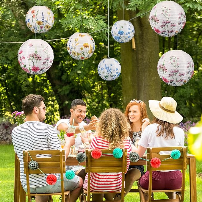 Baquler 12 Pcs Spring Wildflower Paper Lanterns Party Decorations Watercolor Floral Hanging Lantern 3 Styles for Baby in Bloom Baby Shower Wedding Garden Tea Summer Home Indoor Outdoor Party Decor