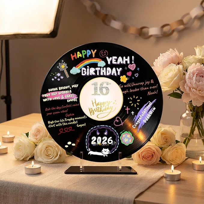 ReeGii Vinyl Record Guest Book for Birthday Decorations - Large 11.6"x11.6" Birthday Party Sign Poster with 12 Pens,Unique Keepsake Gift for Friends and Family