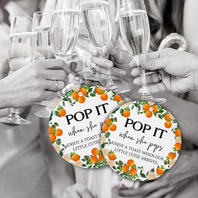 Orange Pop It When She Pops Cutie Mini Champagne Bottle Tags | 30 pk 2.5” Hang Circles with Hole for Gender Reveal Baby Shower Party Favor Sprinkle Labels Stickers