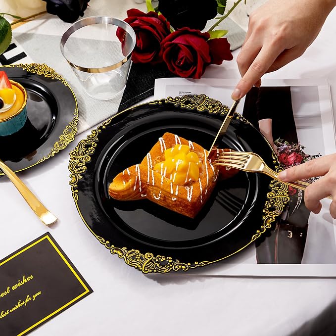 Nervure 600PCS Gold Plastic Dinnerware - Black and Gold Disposable Plates for 100 Guests - 200 Disposable Plates, 300 Plastic Silverware, 100 Cups for Wedding & Party