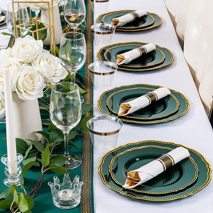 Hioasis 175pcs Green Gold Plastic Plates - Gold Plastic Dinnerware Set Includes 25 Dinner Plates, 25 Dessert Plates, 25 Gold Utensils, 25 Napkins Perfect for Wedding