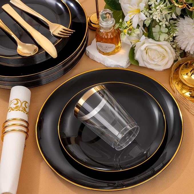 Supernal 350PCS Black and Gold Plastic Dinnerware Set (Serves 50 Guests) - Elegant Black Plates with Gold Rimmed Edges, Disposable Gold Silverware, Cups, Napkins for Party, Wedding,Celebration