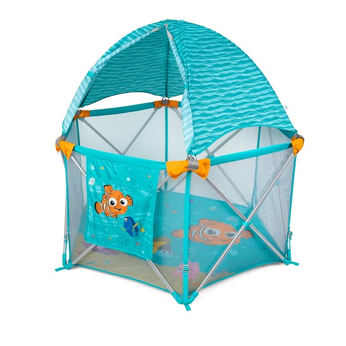 Bright Starts Disney Baby Finding Nemo Pop 'N Play Deluxe Portable Playard, Pop-and-Fold, Baby Beach Tent, UVA/UVB Protection, Indoor/Outdoor, 6 Months+
