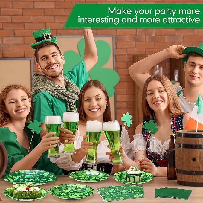 Funnymoom 200Pcs St Patrick's Day Party Supplies Kit Lucky Clover Disposable Paper Dinner Plates Dessert Plates Shamrock Luncheon Napkins and Beverage Napkins for Irish Decorations Supplies 50 Guests