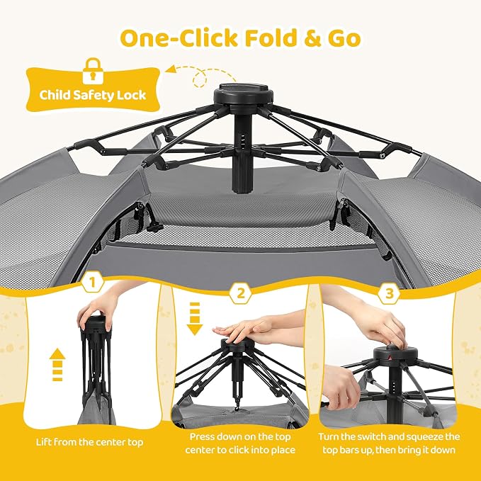 Dripex Pop Up Playpen w/t Built-in Pad & One-Click Safe Lock, Foldable Indoor/Outdoor Baby Playpen w/t Removable Canopy &Roll-Up Door & Top Mesh Window, Travel Pop and Go Beach Play Pen for Baby Grey
