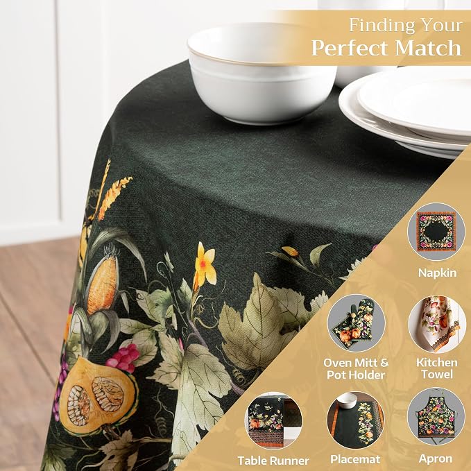 Maison d' Hermine Table Cloth Round Table 100% Cotton 69 Inches Fall Tablecloth Reusable Everyday Use for Thanksgiving Christmas Decorations Dining Farmhouse Party (Pumpkin Garden - Dark Green)