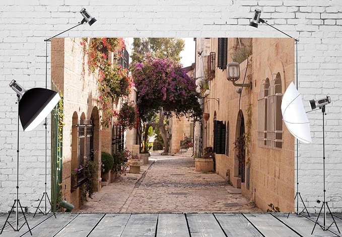 BELECO 7x5ft Fabric Jerusalem Town Street Backdrop Cobbled Street Ancient Village Old Stone Wall Houses Spring Flowers Historic City Israel Background for Party Decorations Photo Booth Studio Props