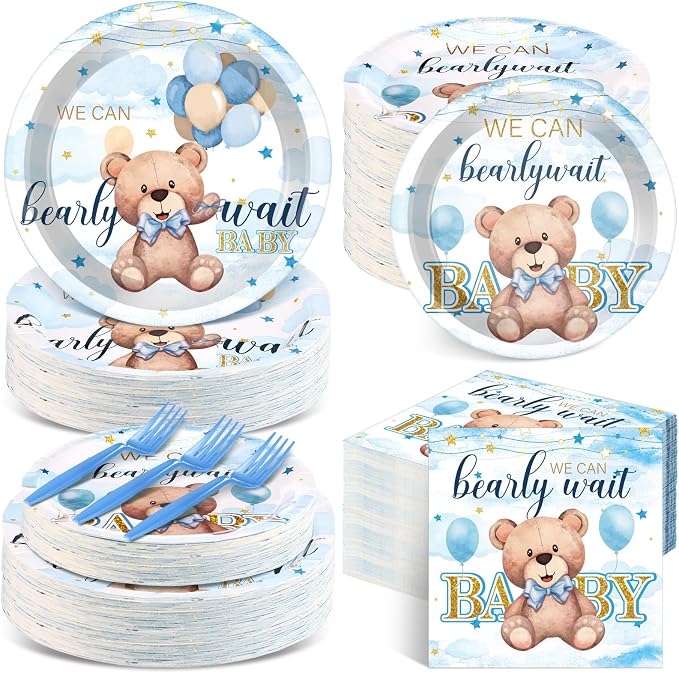Havawish 250 Pcs Blue Bear Baby Shower Plates and Napkins Decoration We Can Bearly Wait Party Supplies Tableware Set Severs 50 Disposable Plates for Baby Boy Gender Reveal Party Supplies