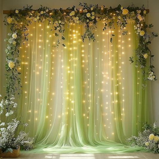 Sage Green Tulle Backdrop Curtain with Lights - 10x8ft Sheer Backdrop with 250 LEDs for Wedding, Baby Shower, Bridal Shower, Birthday Party Photo Shoot Background and Home Decorations