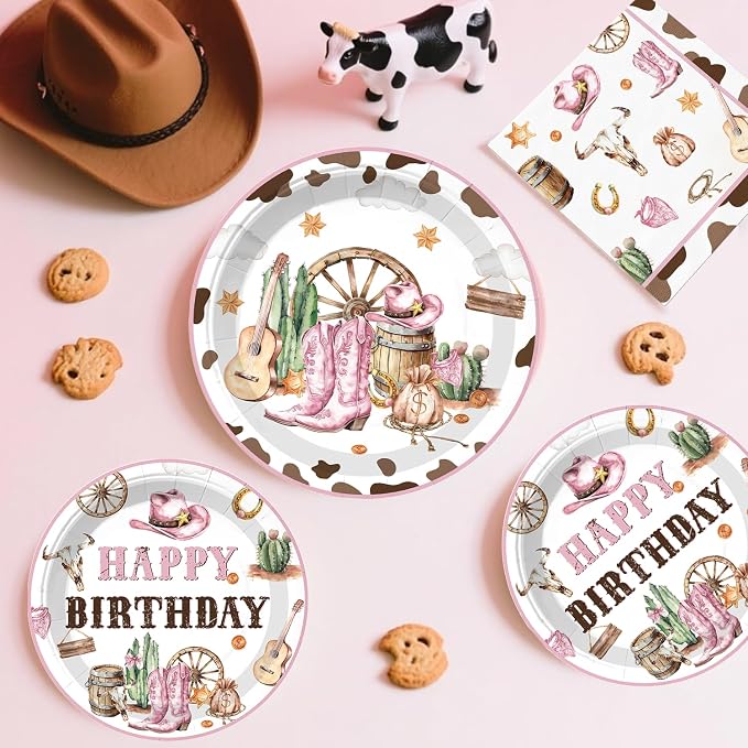 Xynic 214pcs Western Cowgirl Birthday Party Decorations Tableware Set, 25 Serves Disposable Cowgirl Plates and Napkins Set, with Backdrop, 2pcs Tablecloth, for Pink Western Party Decorations