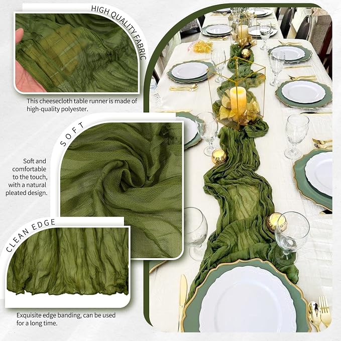 10 Pack Olive Green Cheesecloth Table Runner 10FT Boho Gauze Cheese Cloth Table Runners Romantic Rustic Sheer Table Decorations for Wedding Party Baby Shower Birthday Holiday Home