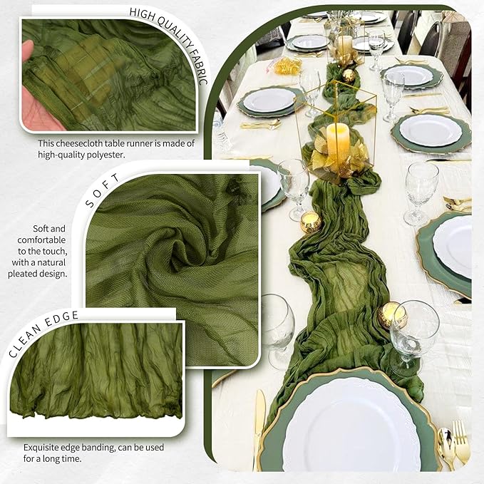 18 Pack Cheesecloth Table Runner 10FT Olive Green Table Runner Boho Gauze Cheese Cloth Table Runners Long Rustic Sheer Table Decorations for Wedding Party Baby Bridal Shower Birthday Holiday Home