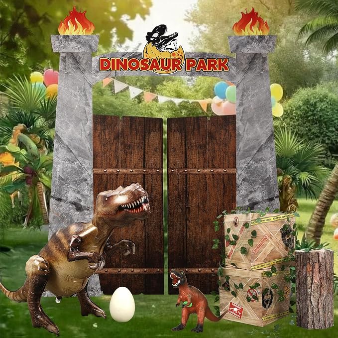 Ctosree 9 Pcs Dinosaur Party Decorations Set 59'' Cardboard Dinosaur Gate 47'' Inflatable Dino, 3D Dino, 12'' Box, Wooden Stake, Egg and Pothos Leaves for Birthday Party Supplies