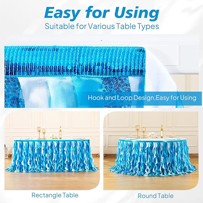 Wish Care 6ft Blue Sequin Table Skirt for Rectangle Tables Curly Willow Ocean Tutu Skirt Under The Sea Baby Shark Ruffle Table Cloth Desk Skirts for Birthday Baby Shower Theme Party Table Decorations
